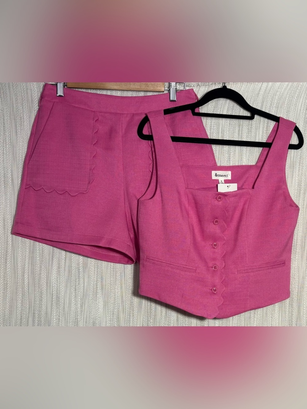 & Merci Pink (flamingo) Scallop-Trim Button Front Crop Vest & Shorts Set